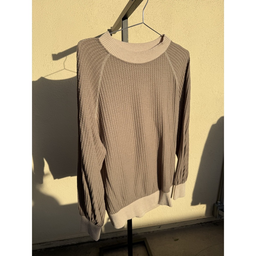 Taupe Brown Waffle Knit Long Sleeve Mock Neck Top Shirt Blouse Size S